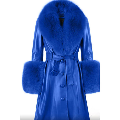 Blue Faux Fur Leather Coat