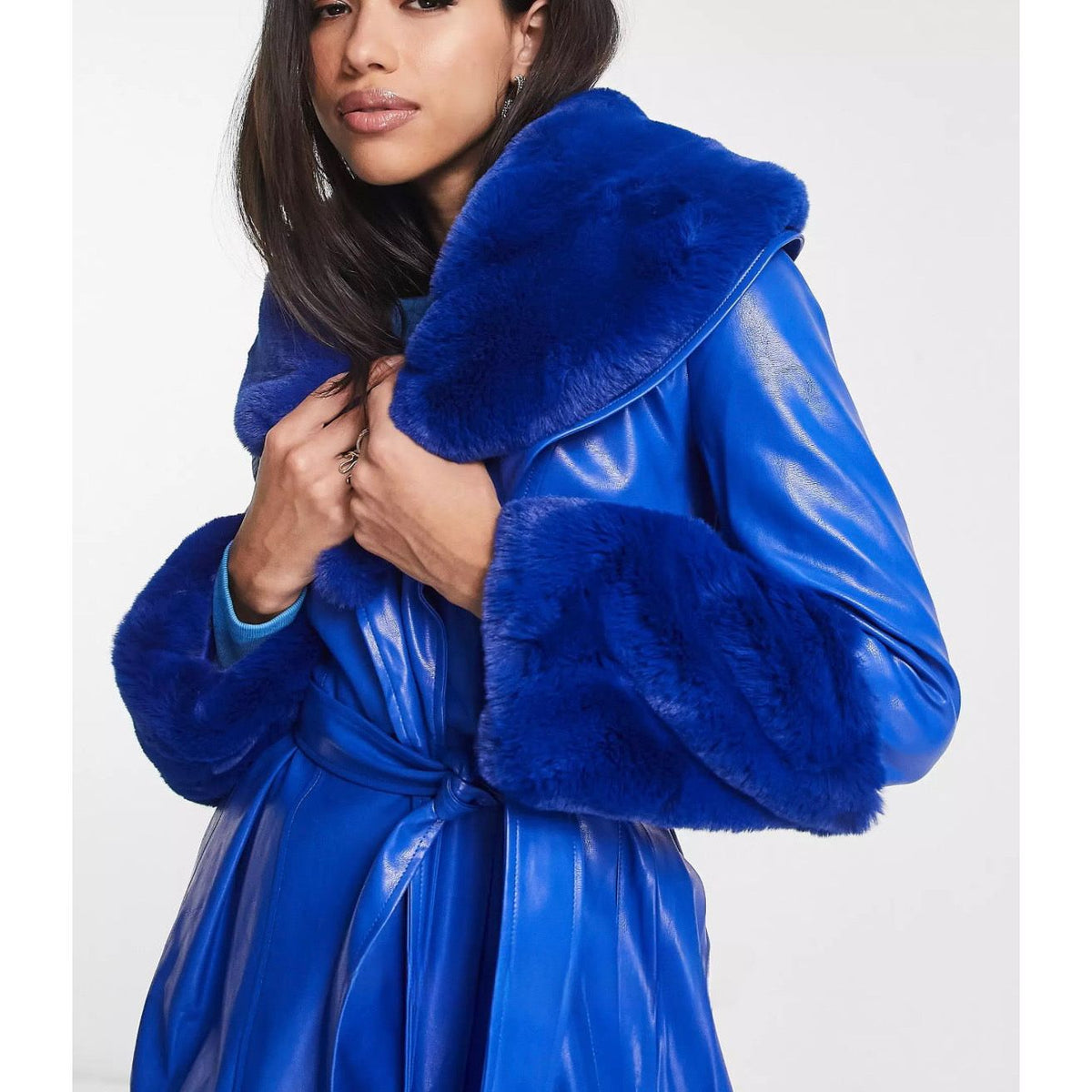 Blue Faux Fur Leather Coat