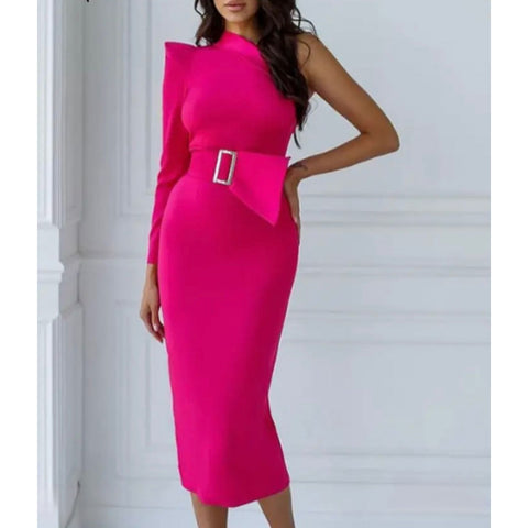 pink one shoulder bandage dress Plus Size Elegant One-Shoulder Bandage Midi Dress with Slit