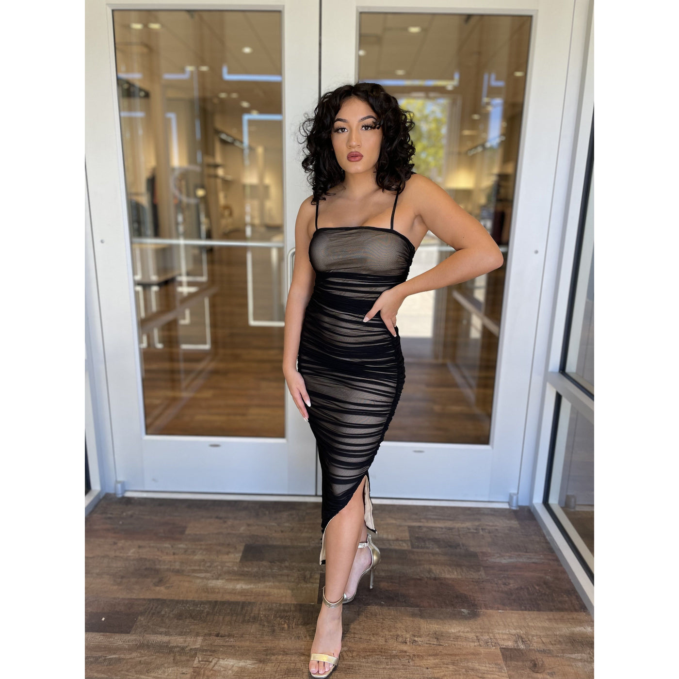 mesh midi dress black Azalea Ruched Mesh Midi Dress (Black) Sale