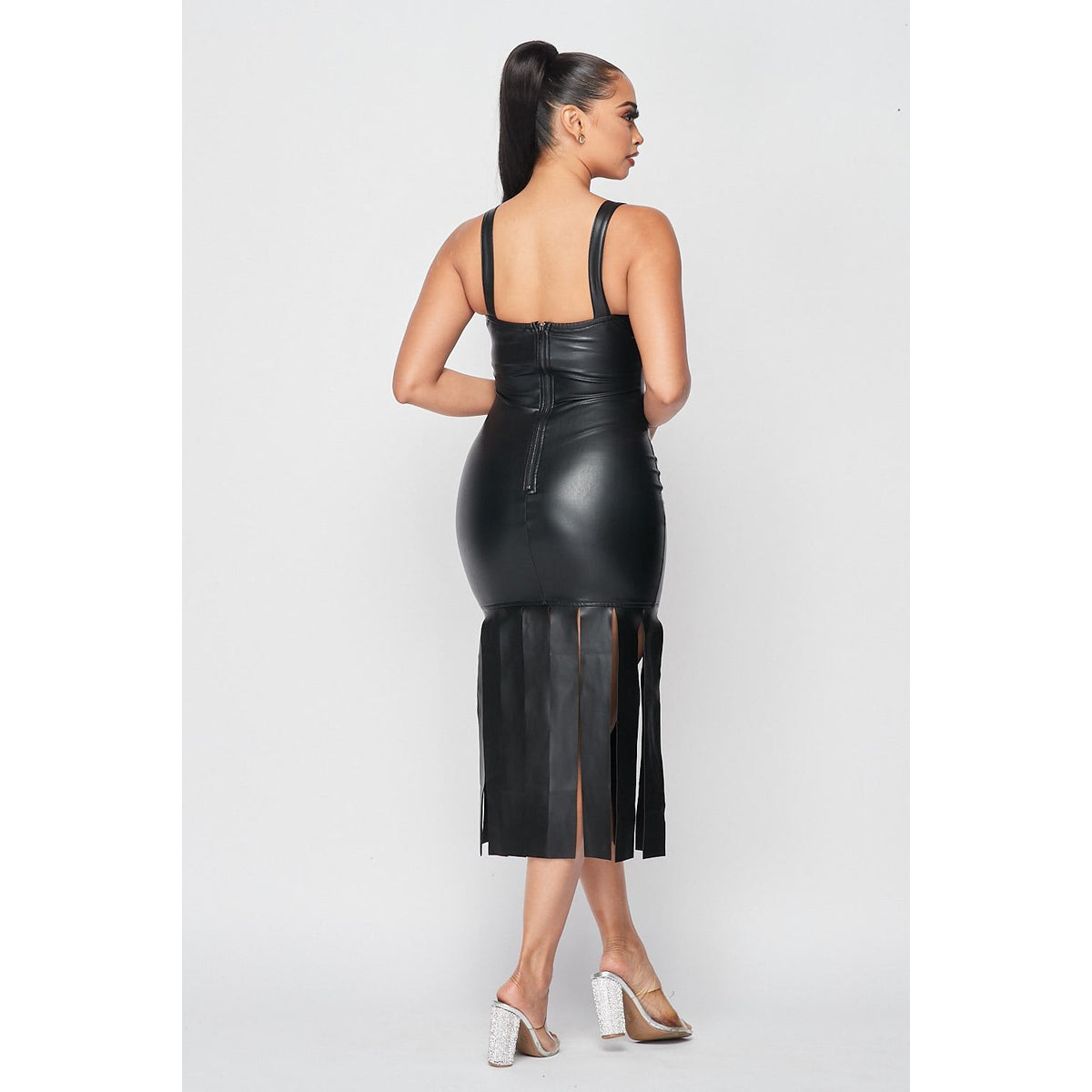Cardi  Leather Fringe Midi Dress (Black) Stilettos Fashion