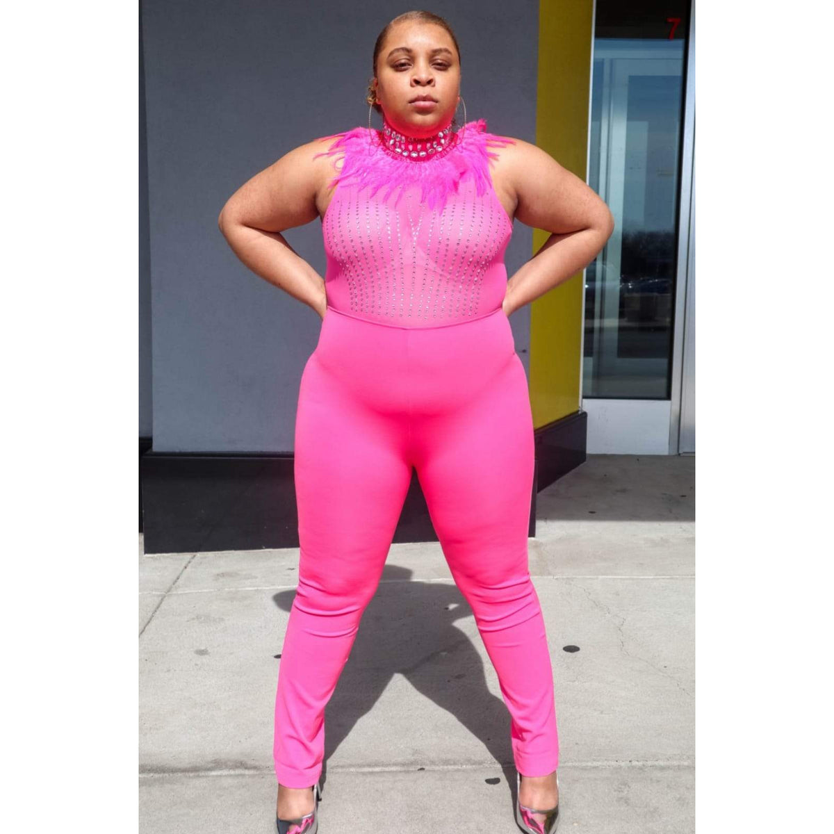 Sydney Rhinestone and Feather Jumpsuit (Pink) KiraKira