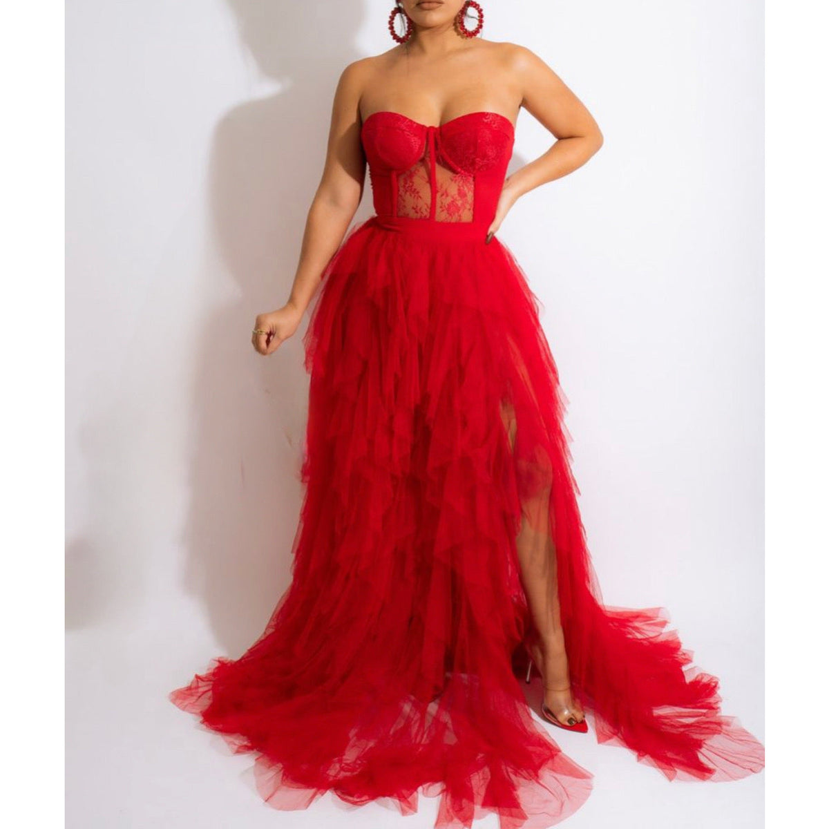 Red Strapless Tulle Maxi Dress