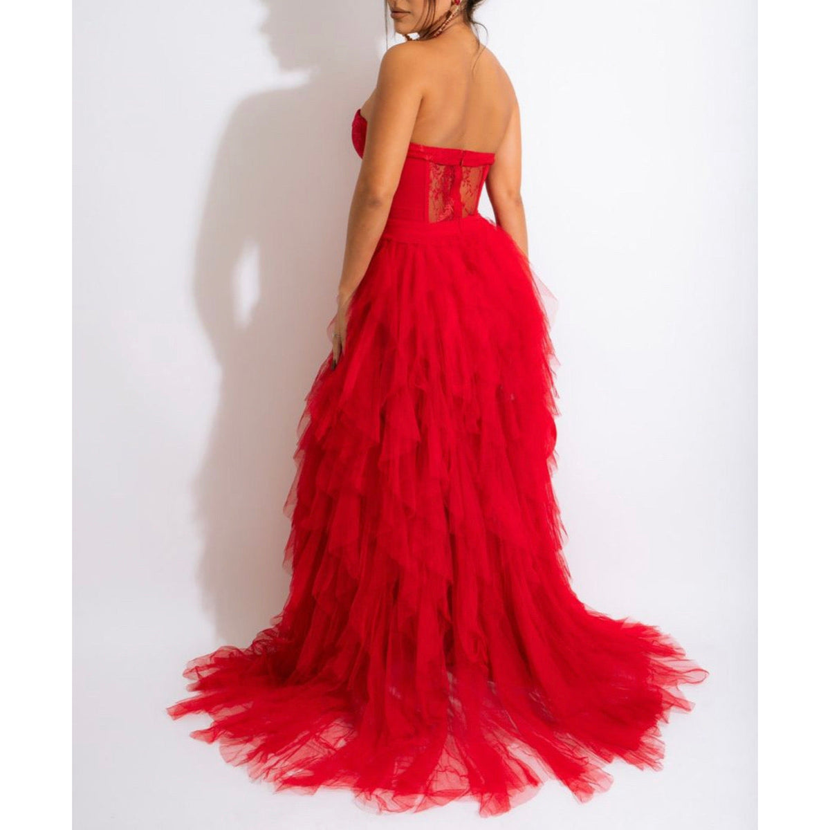 Red Strapless Tulle Maxi Dress