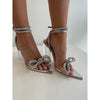 Pointy Toe Diamond Bow Stiletto Heel - Silver