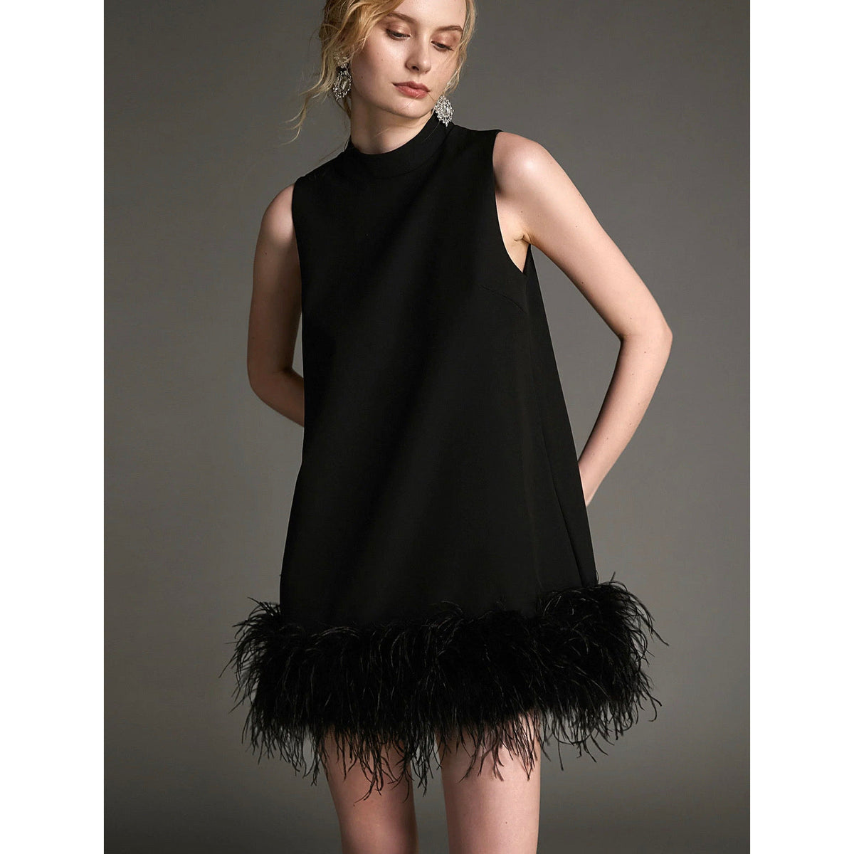 Black Feather A Line Swing Dress