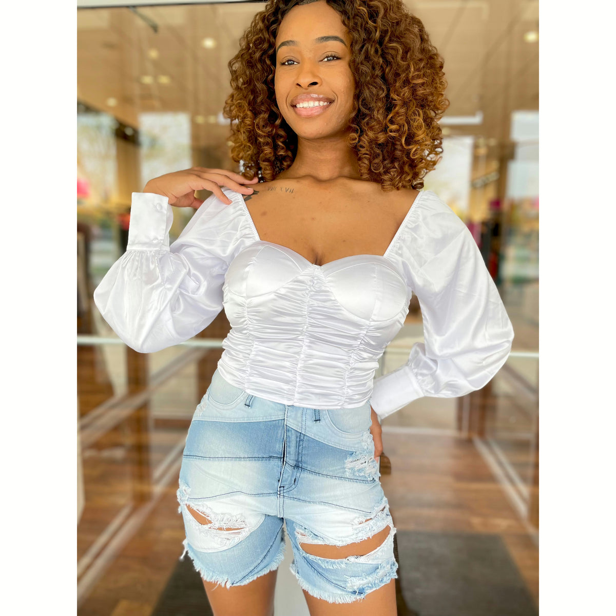 Shayla - White Ruched Crop Top