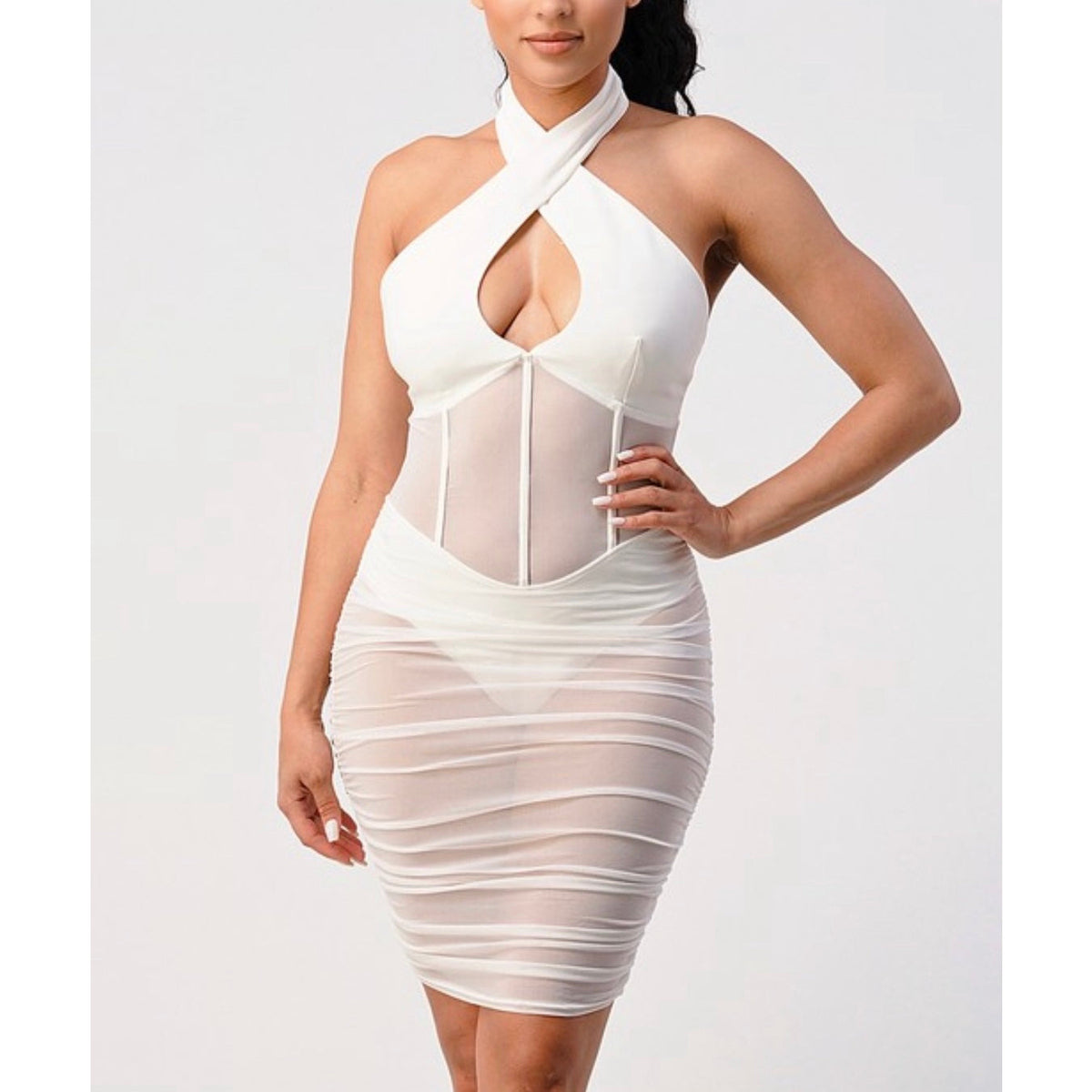 Leslie Halter Sheer Mini Dress - White
