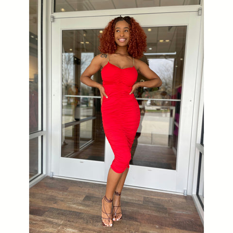 Ruched Midi Dress - Orangey Red Stilettos Fashion Boutique Ruched Midi Dress - Orangey Red Stilettos Fashion Boutique