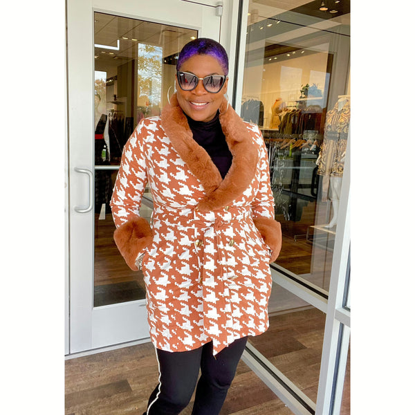 Houndstooth Fur Collar Jacket - Brown – Stilettos Fashion Boutique