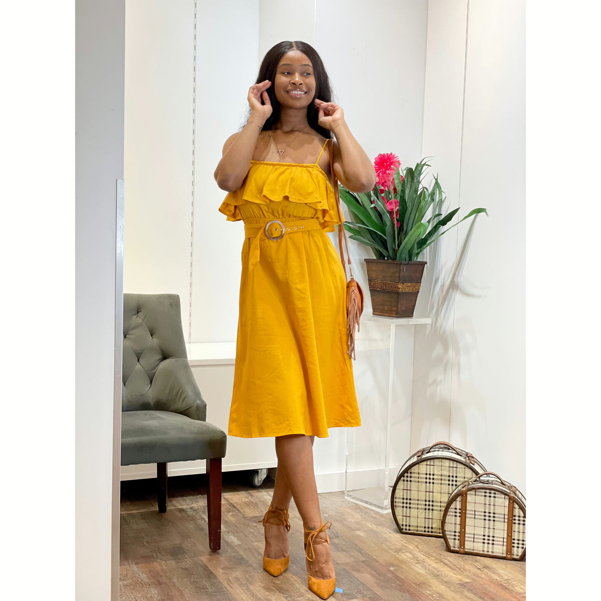 Mustard yellow shop spaghetti strap dress