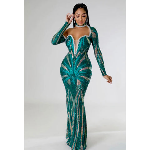 Night Out Sequin Maxi Dress - Green