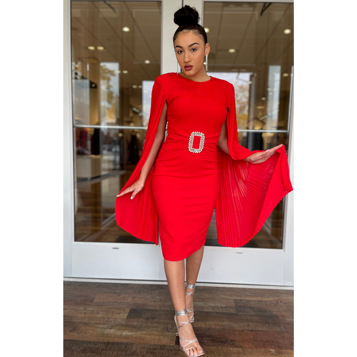 Zara Pleated Sleeve Midi Dress (Red)