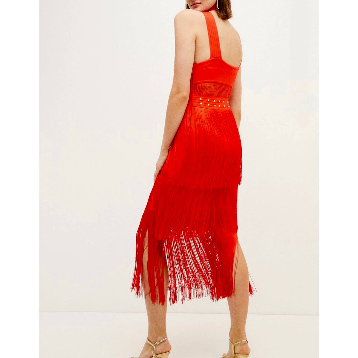 Red Fringe Bandage Midi Dress