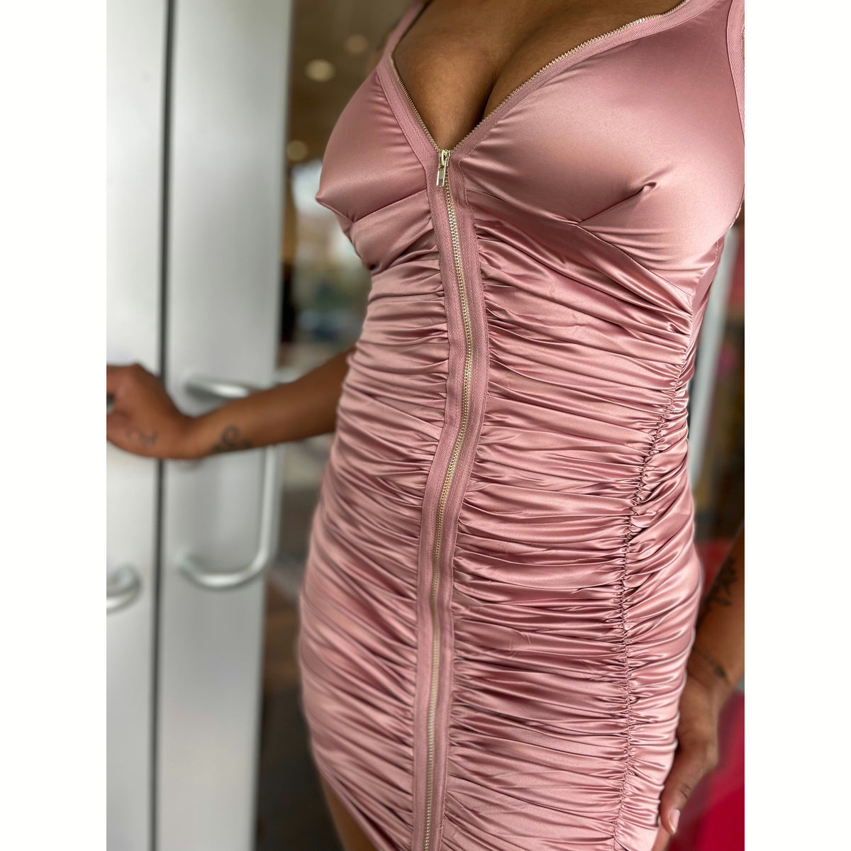 Piaz - Pink Ruched Sateen Mini Dress